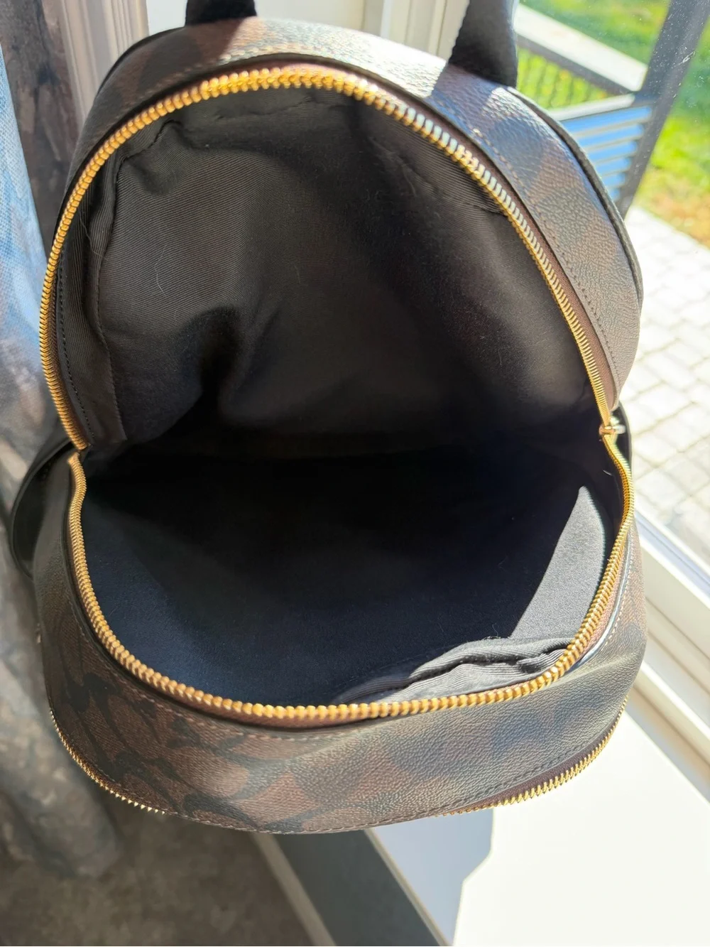 Coach Brown Signature Monogram & Black Leather Mini Backpack with Gold Hardware